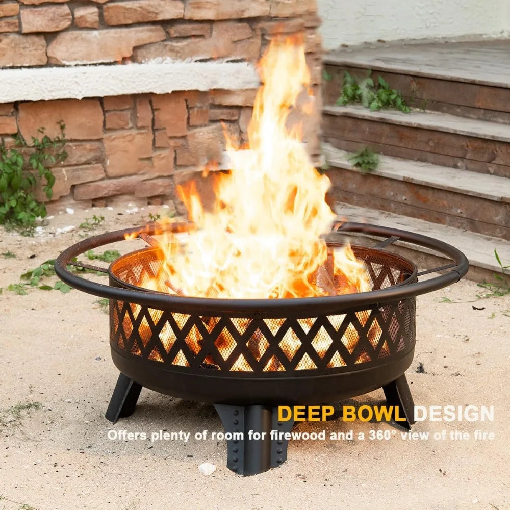 38 Inch Wood Burning Fire Pit Round Outdoor Table Grill Lid