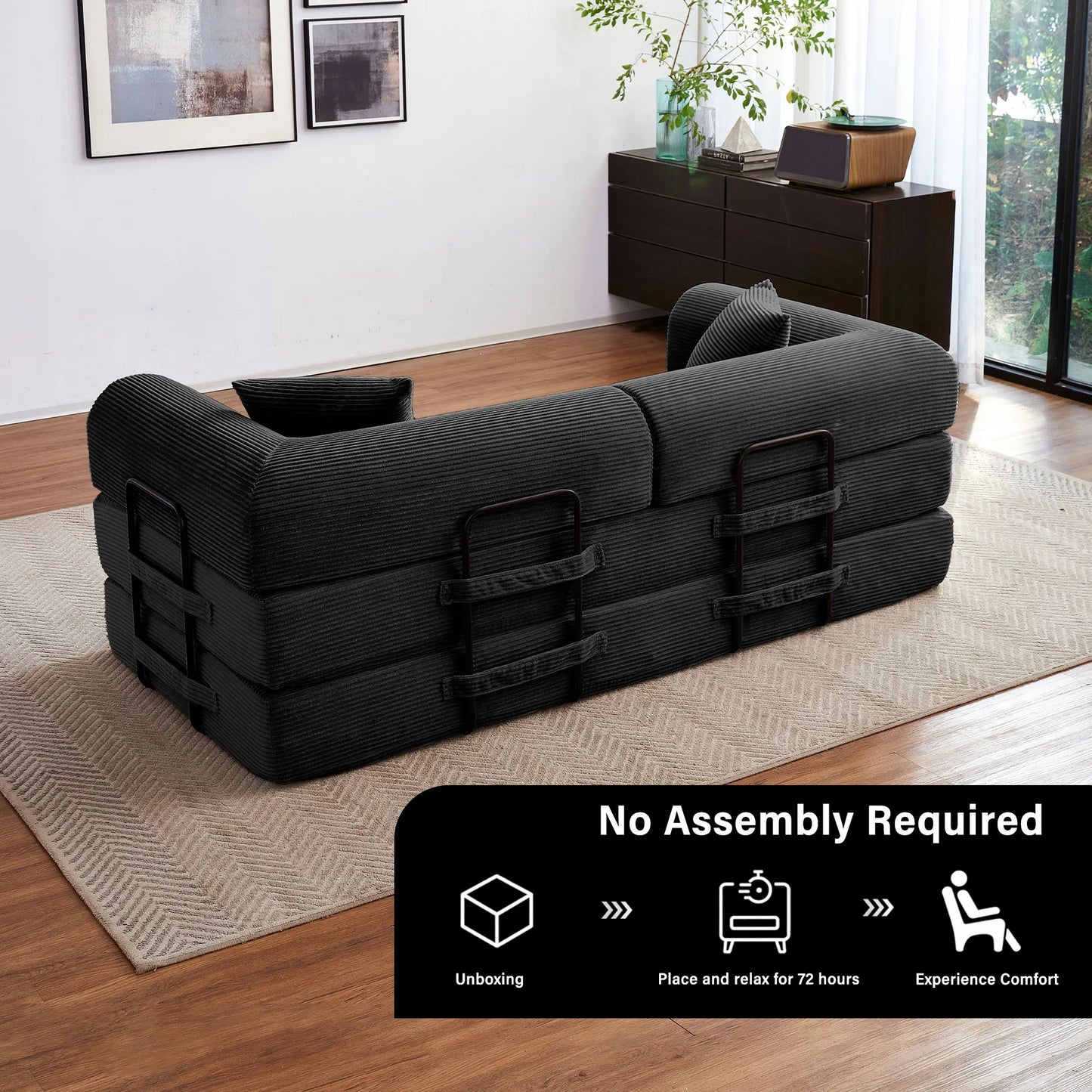 79 Inch Foldable Convertible Futon Sofa Bed With L Shaped Armrests