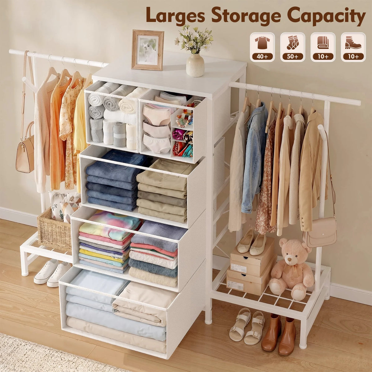 5 Drawer Dresser With Hanging Rod And Shoe Rack Bedroom Closet Organizer