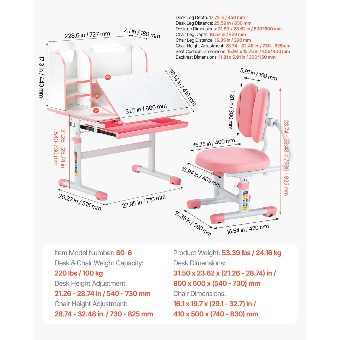 SucceBuy Kids Study Desk And Chair Set With Adjustable Height And Table Lamp