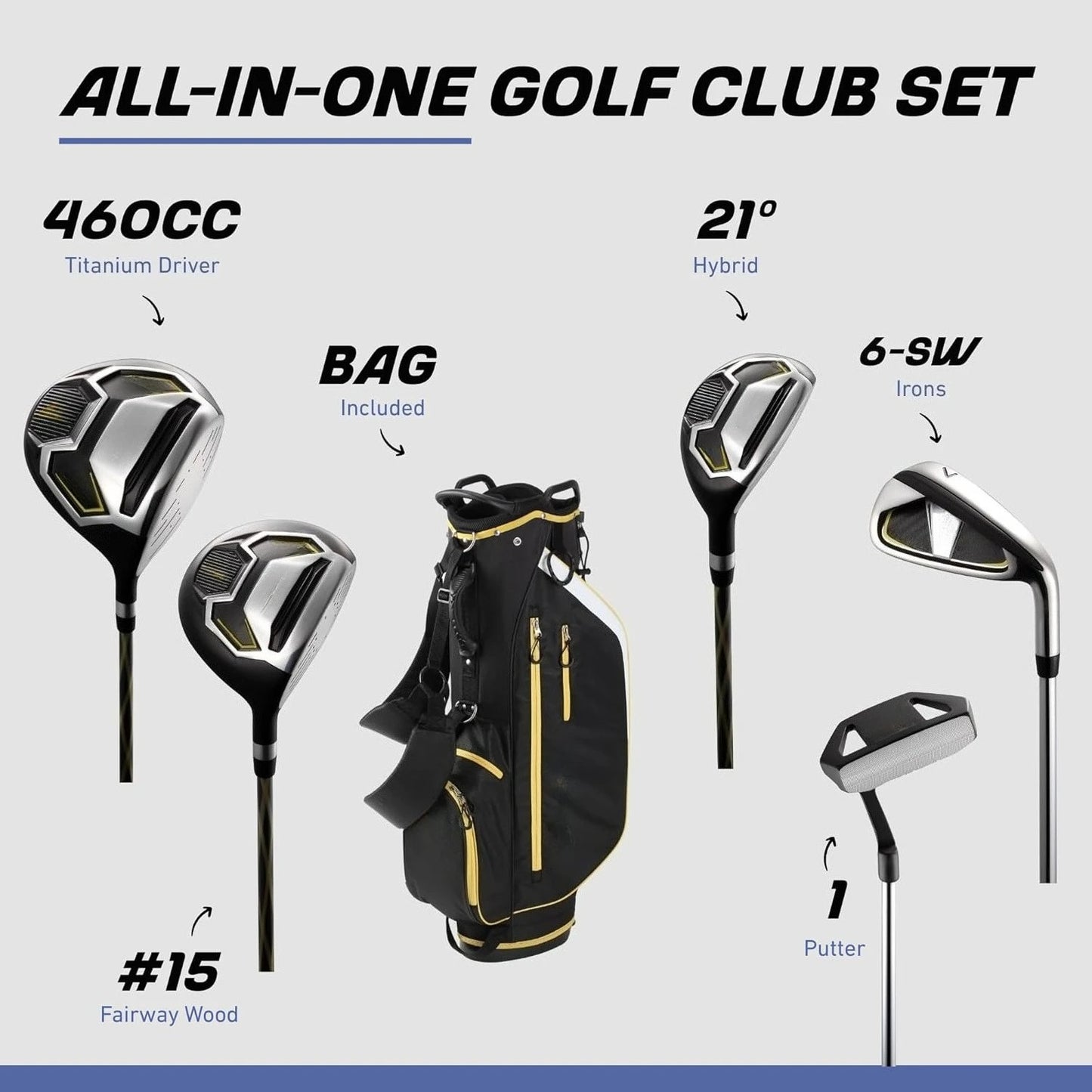 Mens 17 Piece Golf Set With Driver Woods Hybrids Irons Putter Stand Bag Rainhood
