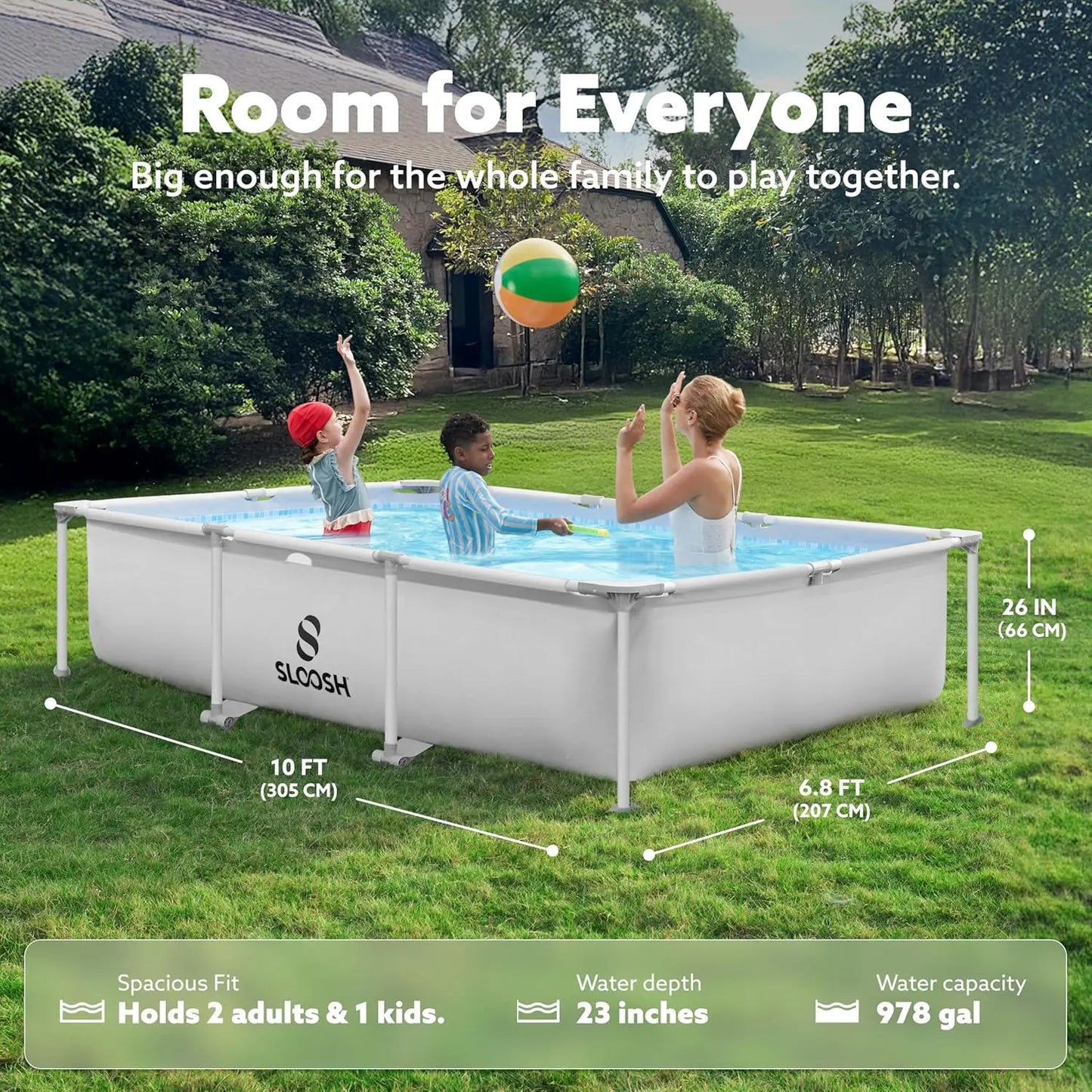 Joyfy Rectangular Above Ground Pool 10x6.8ft 26In Frame Pool Set Filter Pump