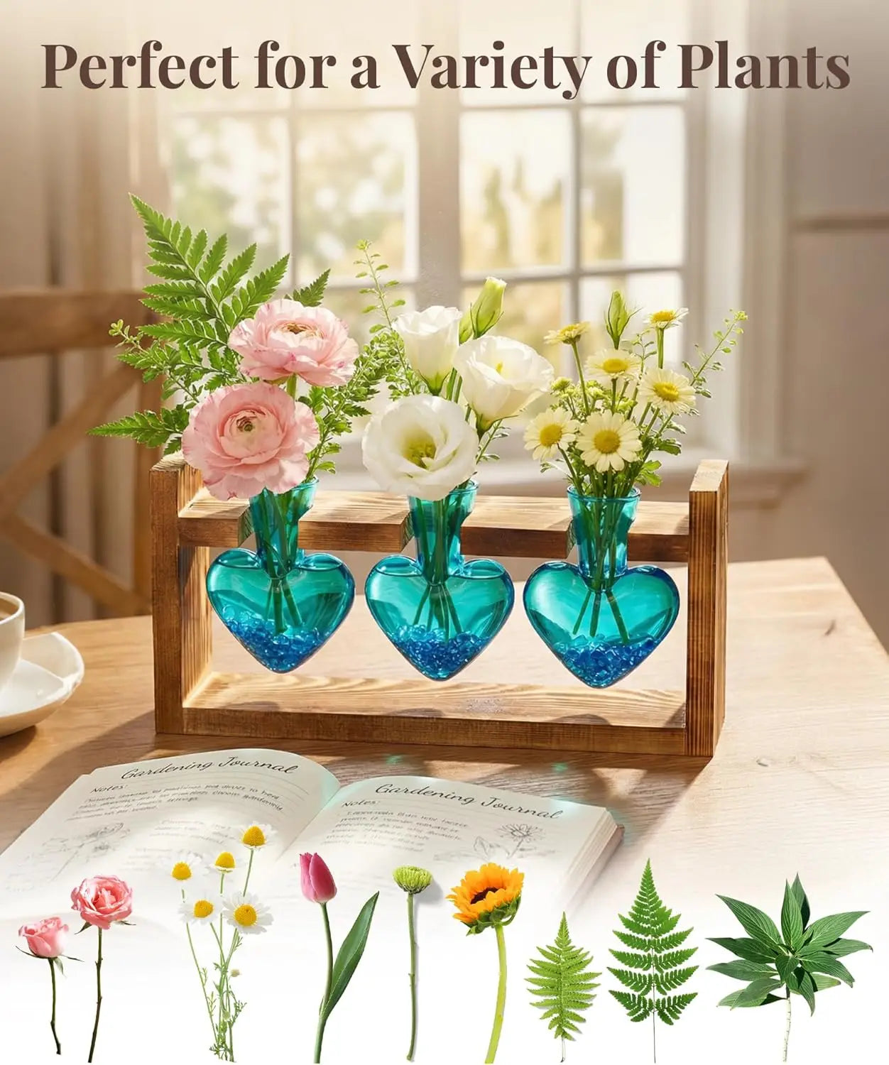 Heart Shaped Propagation Station With 3 Glass Vases Wooden Stand Home Decor
