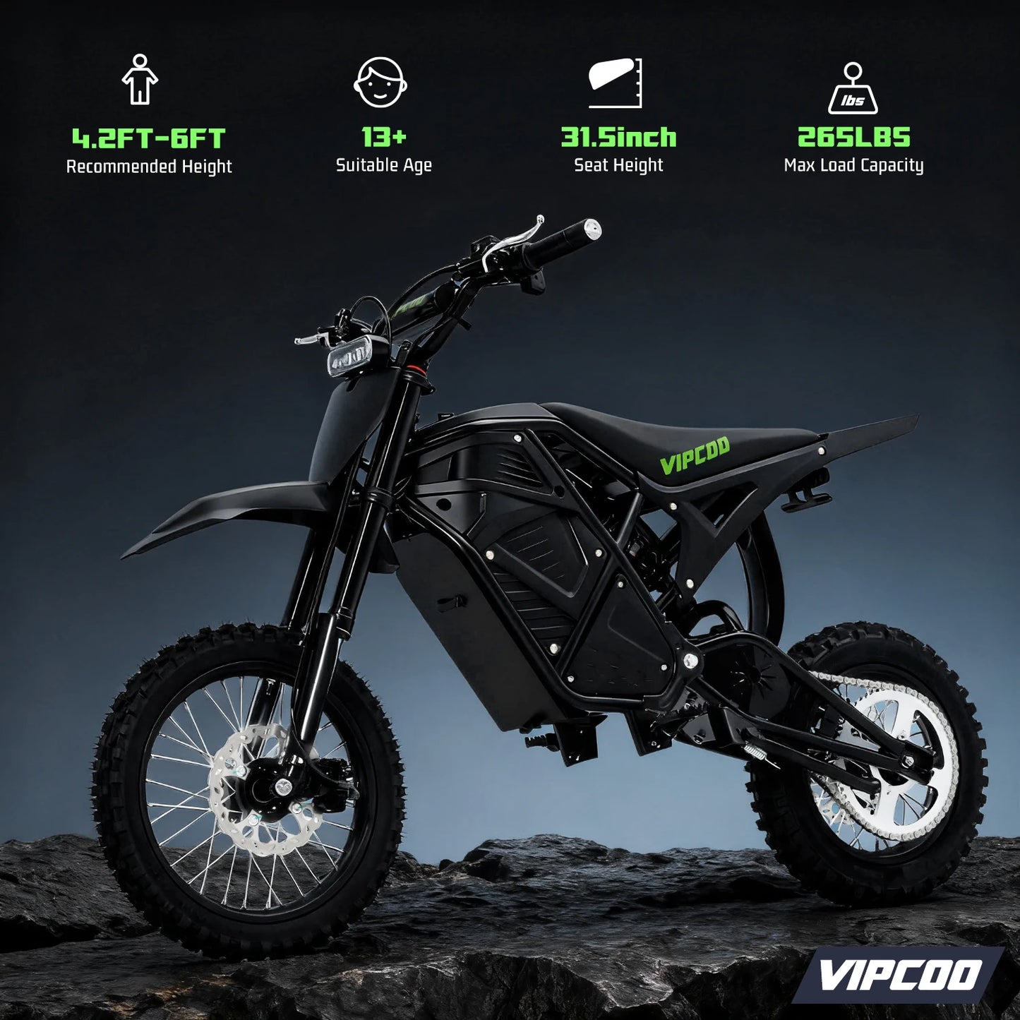 VIPCOO H3 Electric Dirt Bike 3500W 48V 23Ah Fat Tire Nitrogen Suspension