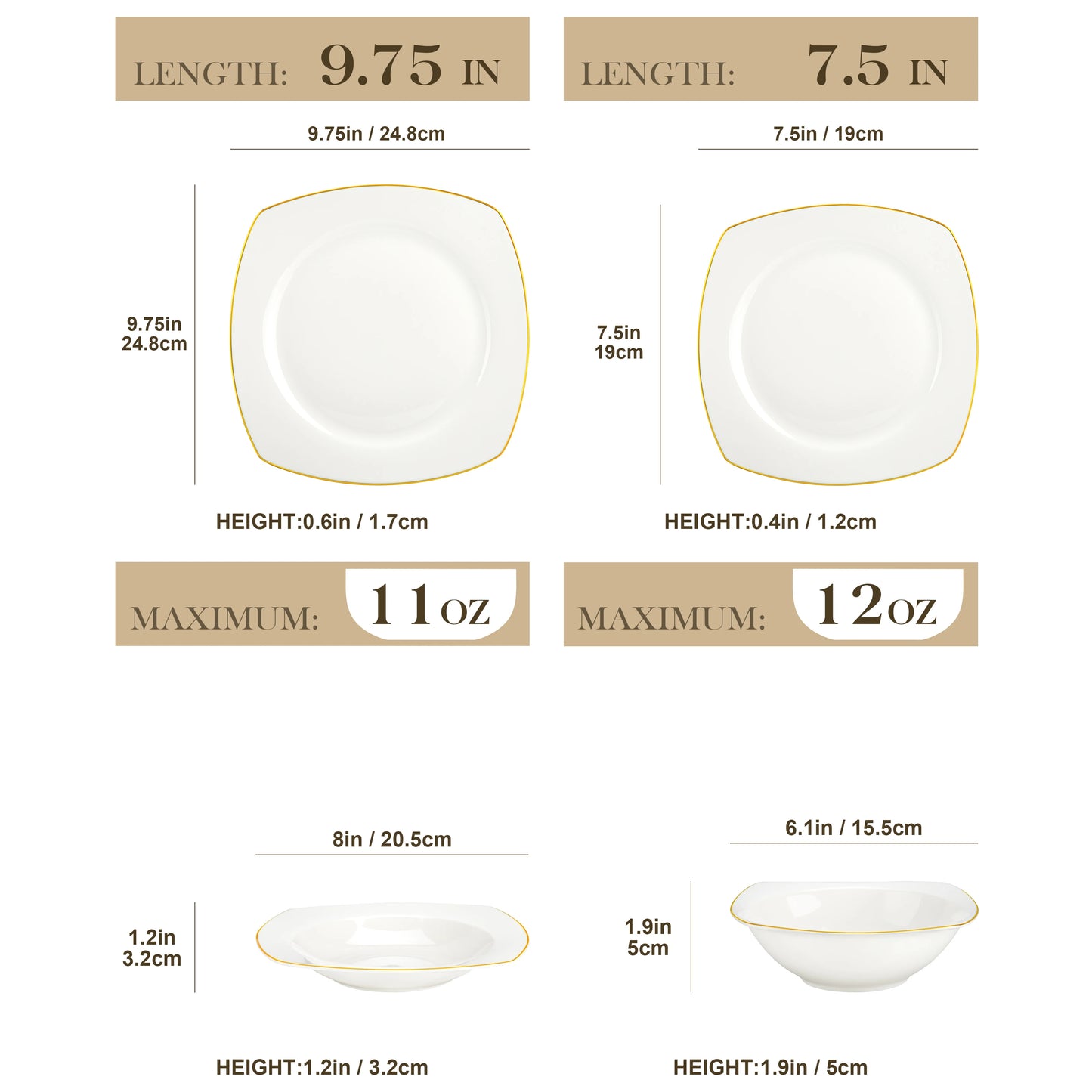 Malacasa Nordic Golden Rim White Bone China Dinnerware Set For 4