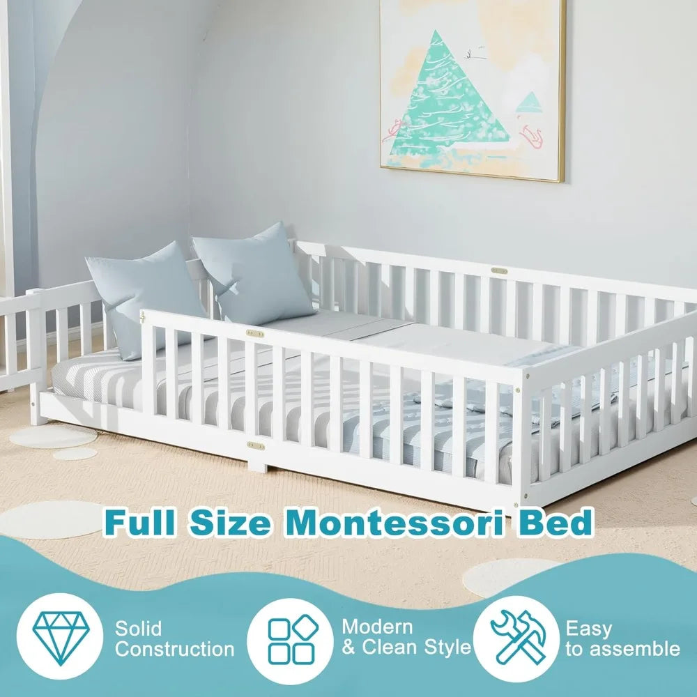 Full Size Floor Bed, Toddler Floor Bed Frame with High Guardrails, Solid Wood Montessori Beds Full with Support Slats, Fence and