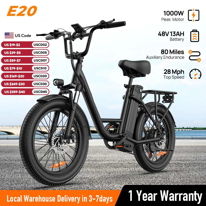 1000W E20 Electric Bike | 48V 13Ah Removable Battery, 20MPH, 20''X3" Fat Tire, 7-Speed Electric Bicycles with Dual Disc Brake