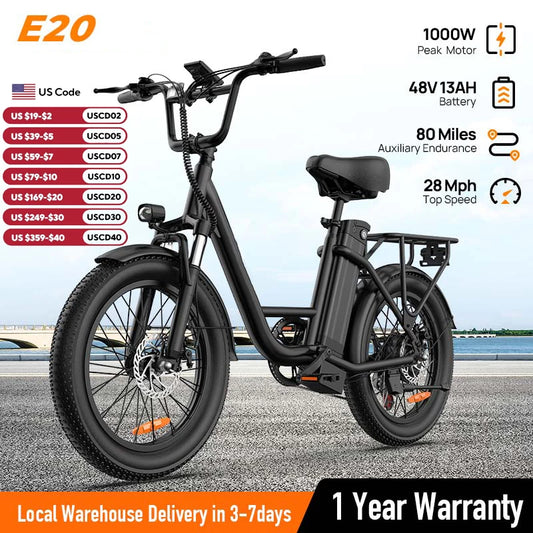 1000W E20 Electric Bike | 48V 13Ah Removable Battery, 20MPH, 20''X3" Fat Tire, 7-Speed Electric Bicycles with Dual Disc Brake