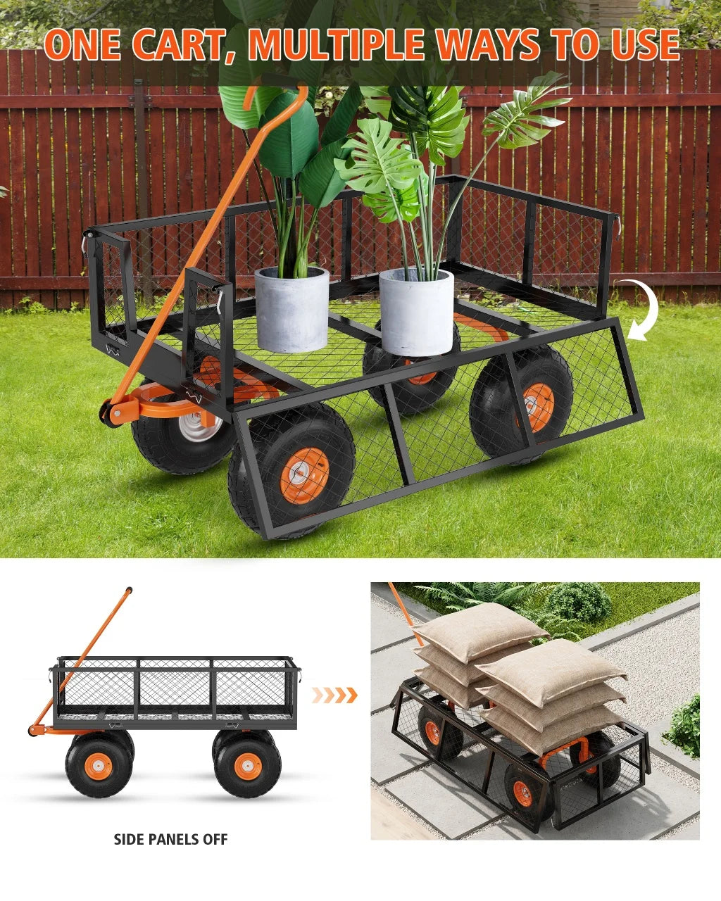 Heavy Duty Steel Garden Cart 500 Lbs Capacity 3 In 1 Wagon with 10 In Wheels