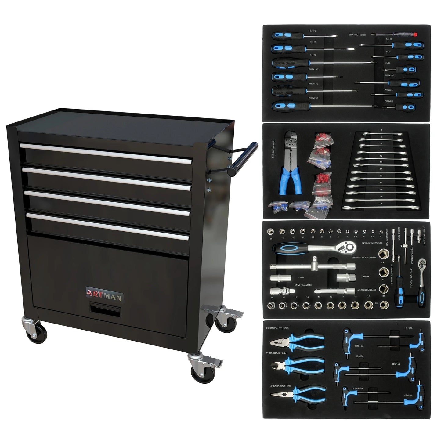 24.4 Inch Tool Cabinet Four Drawer Rolling Tool Chest With Key Lock Wheels Blue