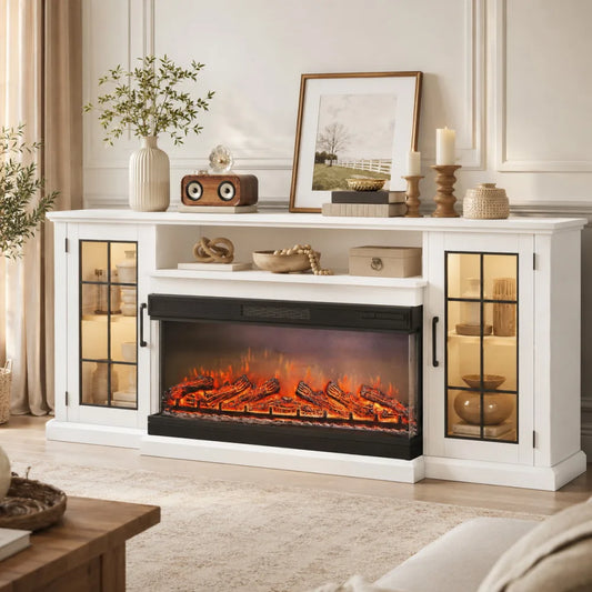 75“ TV Stand with Electric Fireplace, Farmhouse Entertainment Center for 80 Inch TV, 3-Sided Glass Fireplace Heater 5000BTU, 12 Flame Colors, Storage Cabinet with Shelves, Remote Control, Living Room Furniture