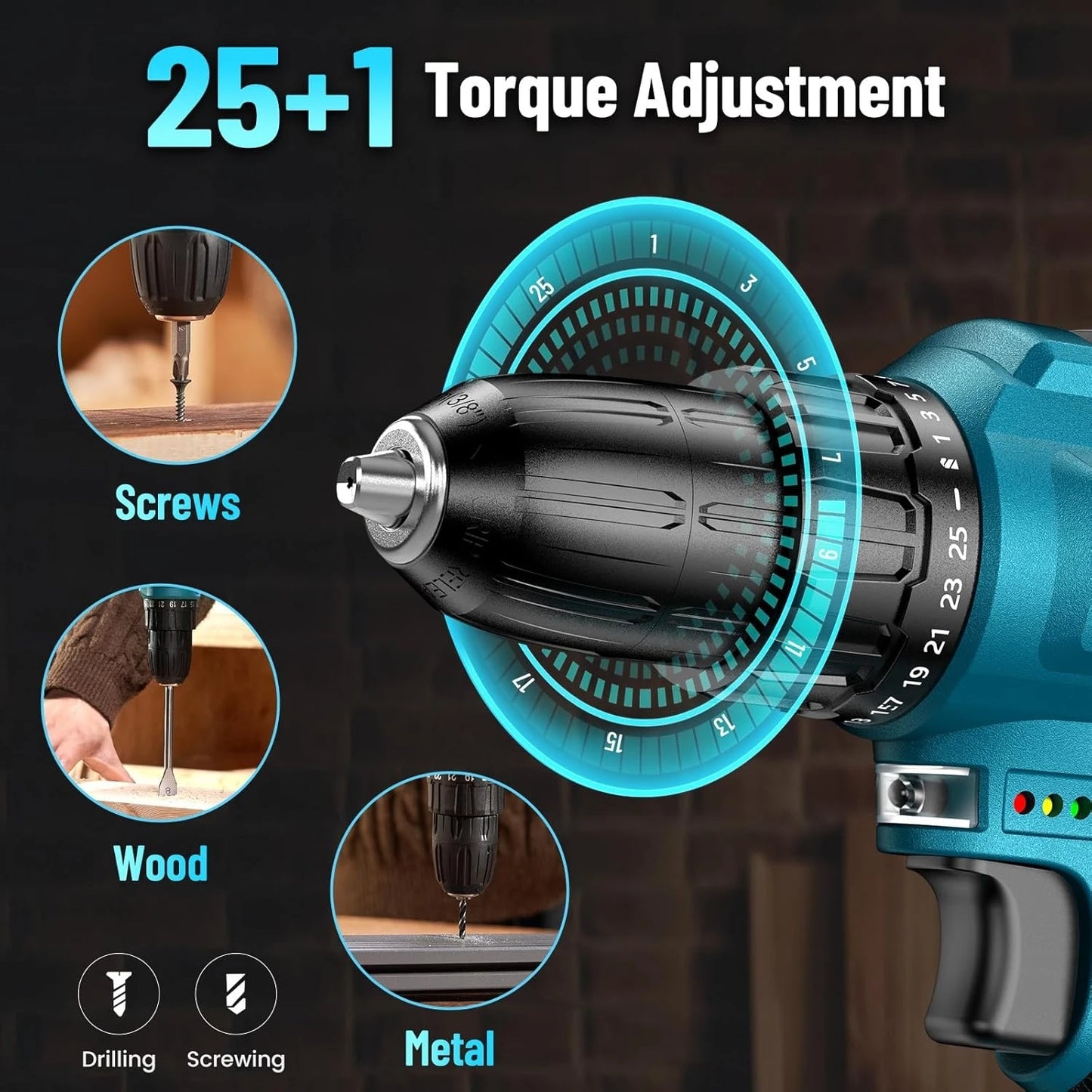 Seesii Tool Kit with Drill 25+1 Torque adjustment Cordless Electric Drill 230PCS Tool Kit for Home Repair Woodworking Gardening
