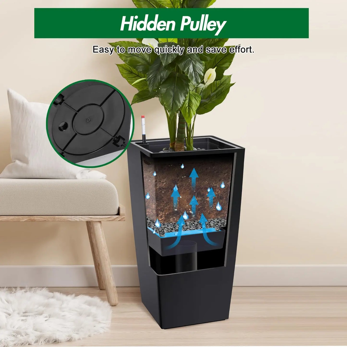 Set Of 2 30in Tall Planters For Indoor Outdoor, Self Watering Large Flower Pots With Drainage, Water Level Monitor, Insert & Wheels