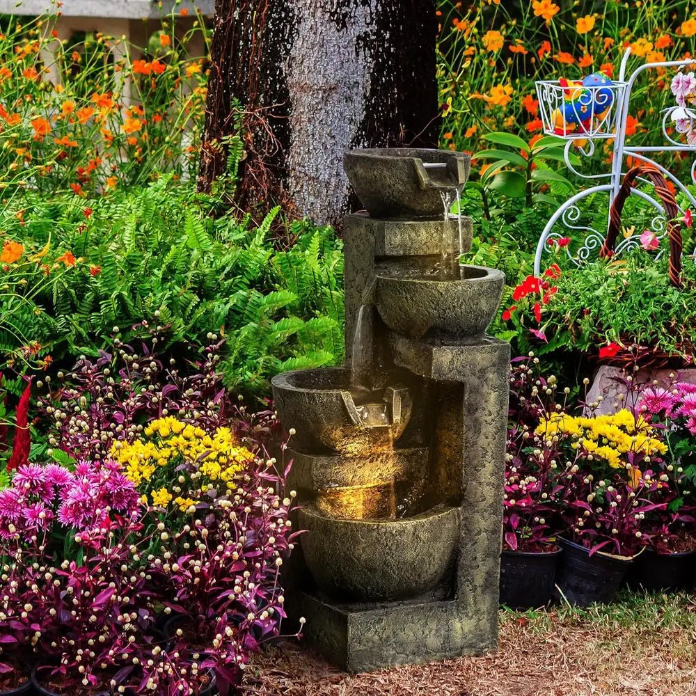 4-Tier Stone Bowl Waterfall with Cascading Water, Adjustable Flow & LED Lights, Ideal for Zen Gardens and Outdoor Spaces in Gray