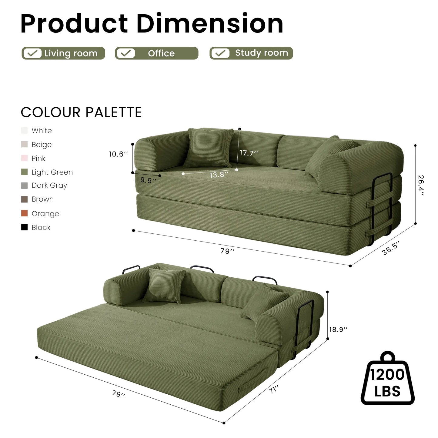 79 Inch Folding Sofa Bed Corduroy Upholstered Loveseat Sleeper For Living Room
