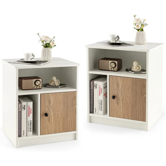 White Nightstands Set of 2 with Door and Open Shelves