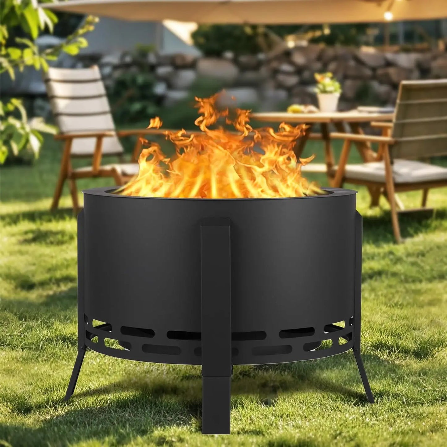 26 Inch Smokeless Fire Pit Outdoor Folding Feet Multi Fuel