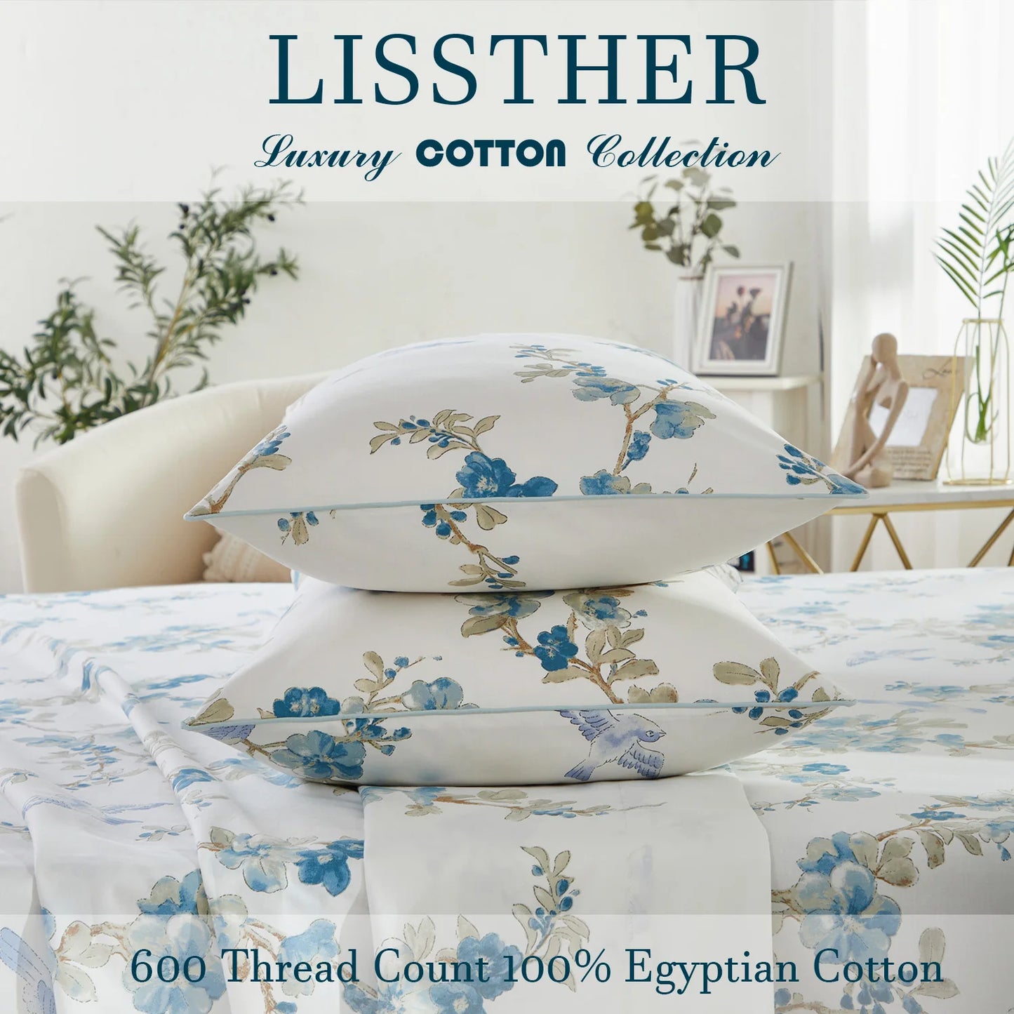 3Pcs 600TC 100 Percent Egyptian Cotton Duvet Cover Set Blue Watercolor Floral
