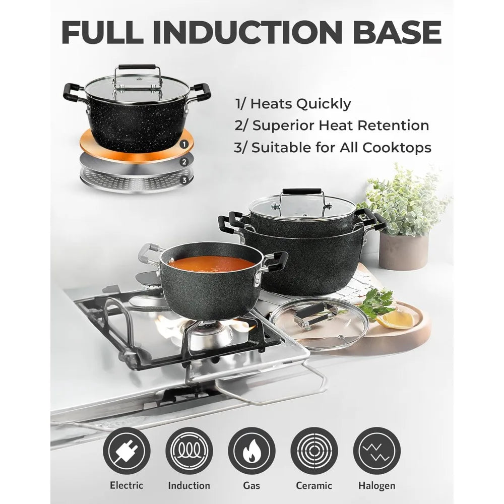 Granitestone Black Pots and Pans Set Nonstick, 6 Stackable Piece Cooking Pots Set, Kitchen Pots, Non Stick Coating, 5qt 3qt & 1