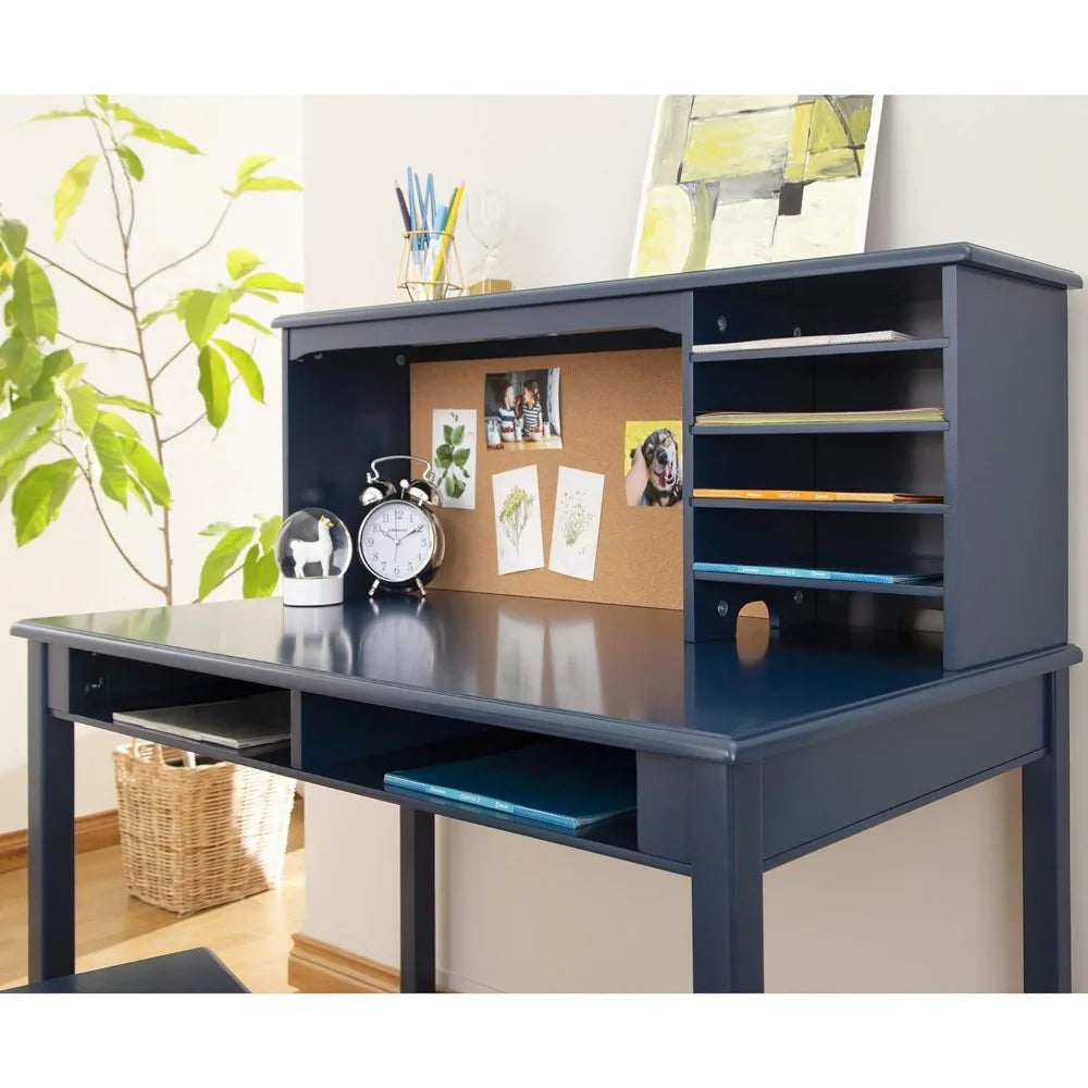 Kids Media Desk and Chair Set - Navy: Student's Workstation with Storage, Wooden Writing Table with Hutch and Shelves for Kids