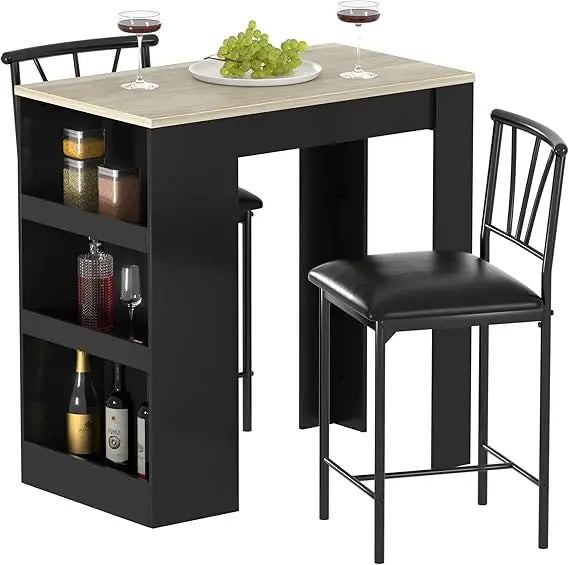 small bar table and chairs tall kitchen breakfast nook with stools/dining set for 2, storage shelves, space-saving, gray