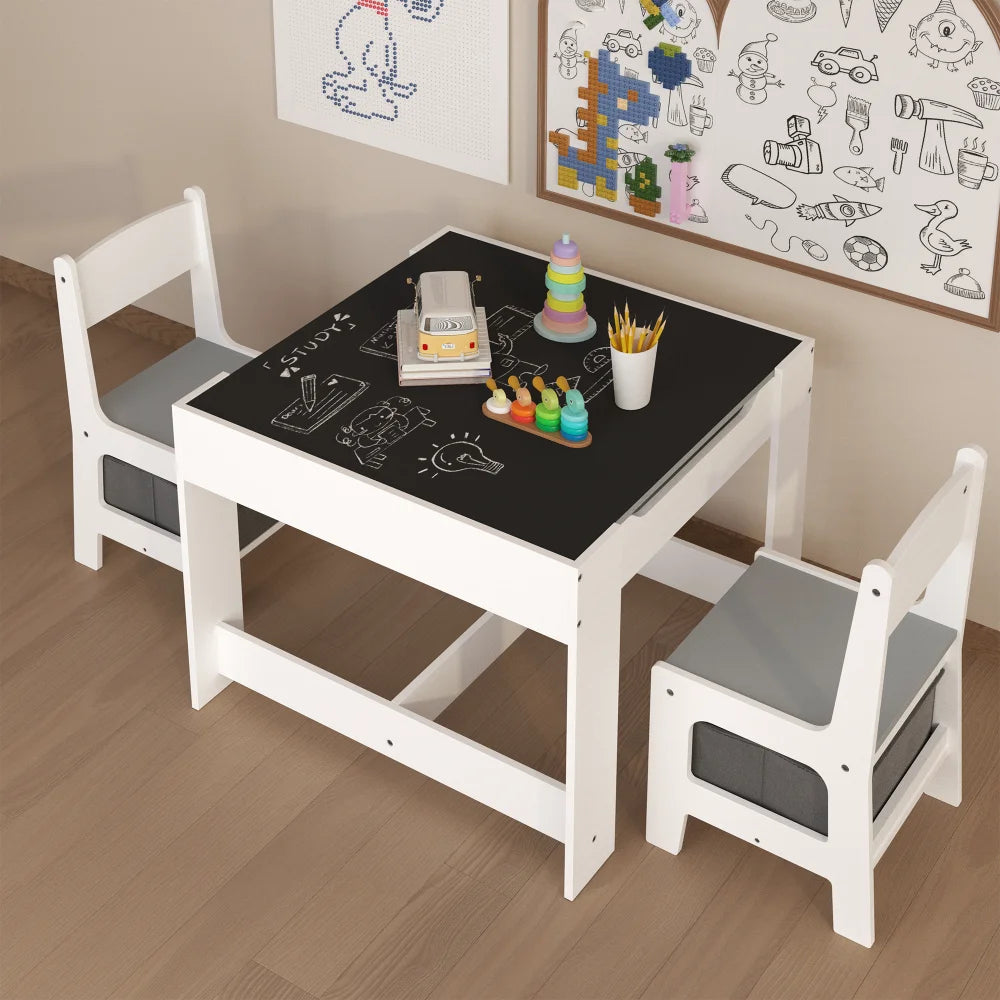 Kids Table and Chair Set, 3 in 1 Wooden Activity Table with Storage Drawer for Toddlers Drawing, Reading, Crafts, 2 in 1