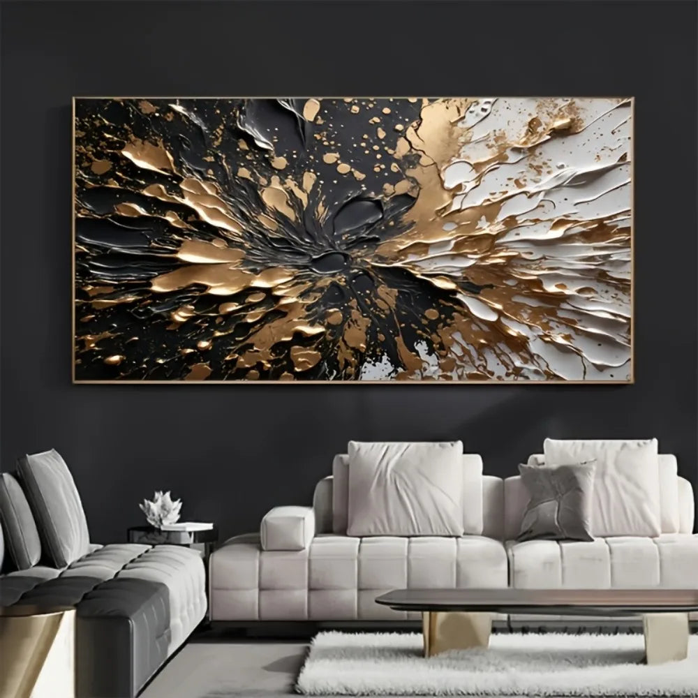 Modern Abstract Black Gold Ink Splash Wall Mural Pine Frame