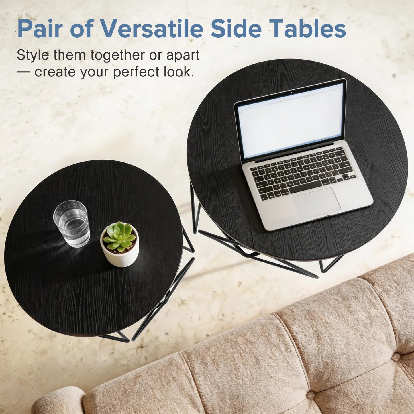 20 Inch Round Geometric Metal Coffee Table Set Of 2 Nesting Side Tables