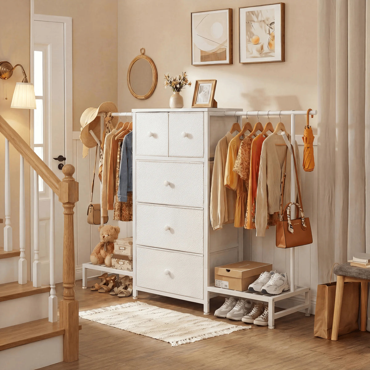 5 Drawer Dresser With Hanging Rod And Shoe Rack Bedroom Closet Organizer