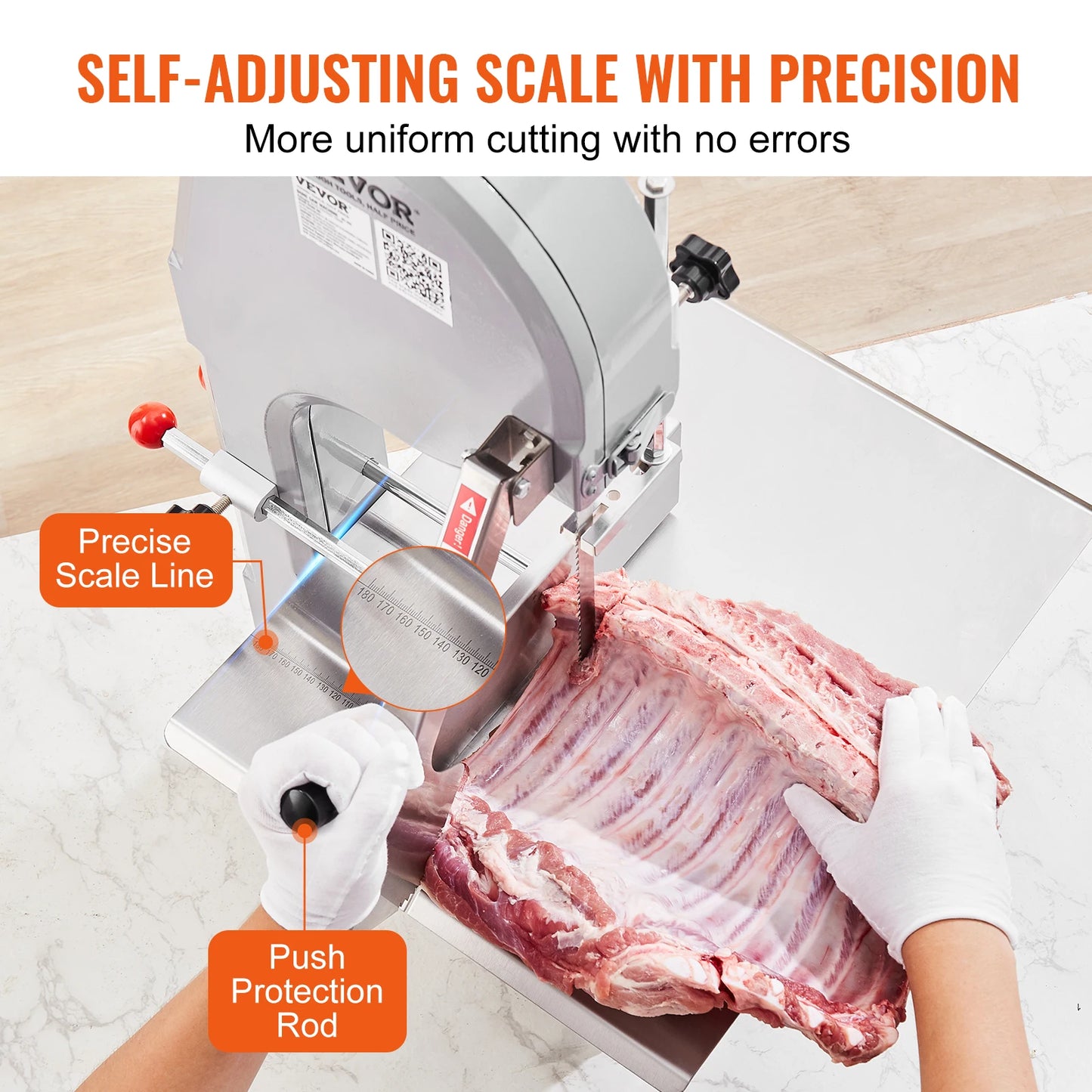 SucceBuy Commercial Electric Meat Bandsaw 1100W Stainless Workbeach 0.16-7.9 Inch Cutting Thickness with 6 Blades