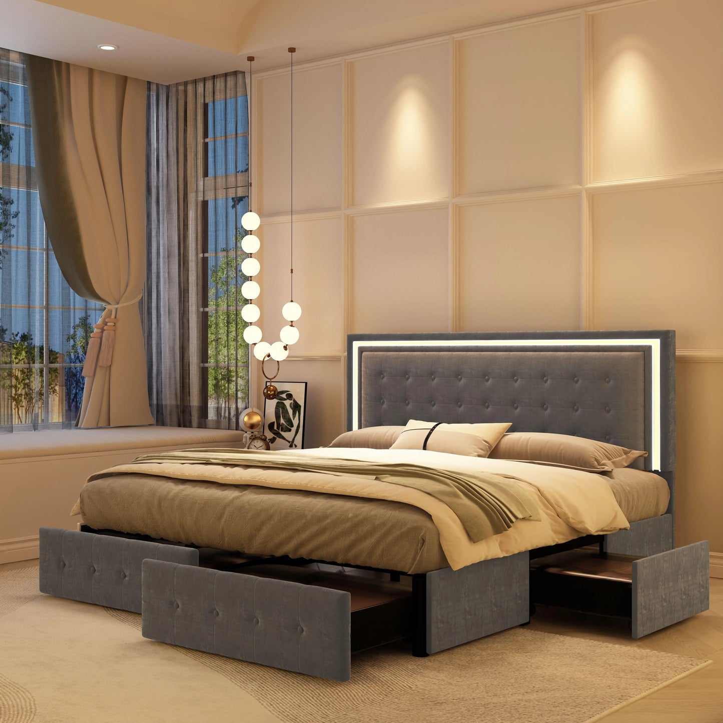 GEGOFORU Queen LED Bed Frame 4 Storage Drawers RGBW Headboard PU Upholstered