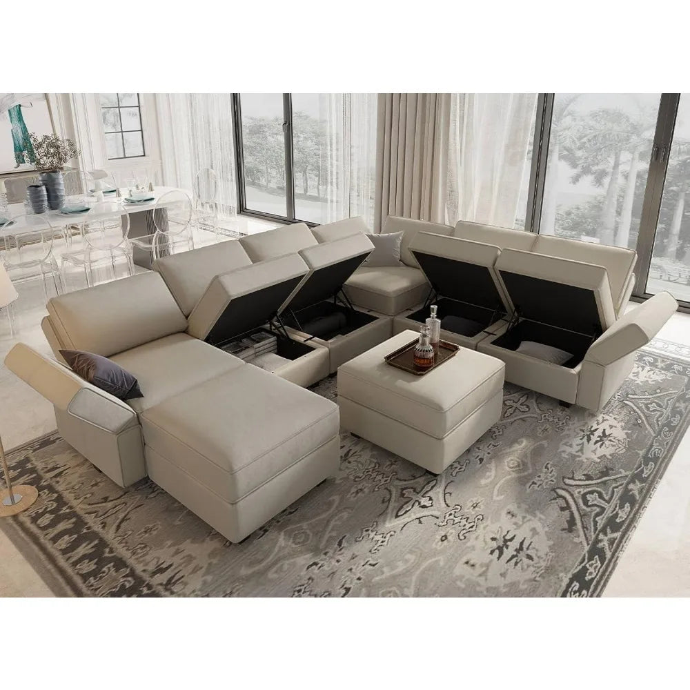 Modular Sectional Sofa with Storage Seat Oversized U Shaped Couch with Reversible Chaise Sofa Set with Ottoman Velvet Grey