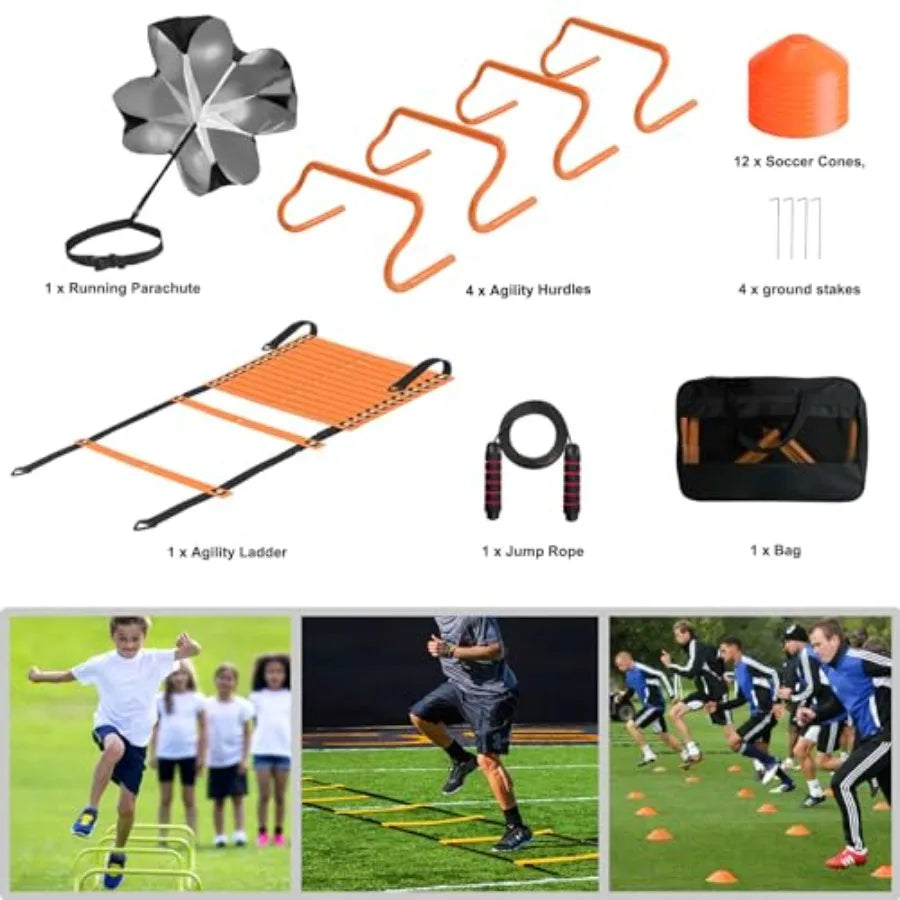 Agility Ladder Set 20 Feet With 4 Hurdles And Cones Jump Rope Parachute Training