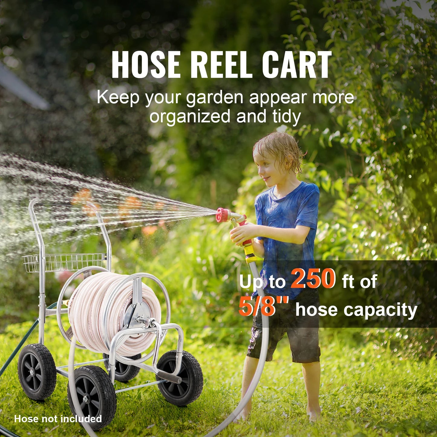 VEVOR Hose Reel Cart 250ft Heavy Duty Garden Water Yard Planting w/ Basket Effortless Roll-up Hose Versatile Application Steel