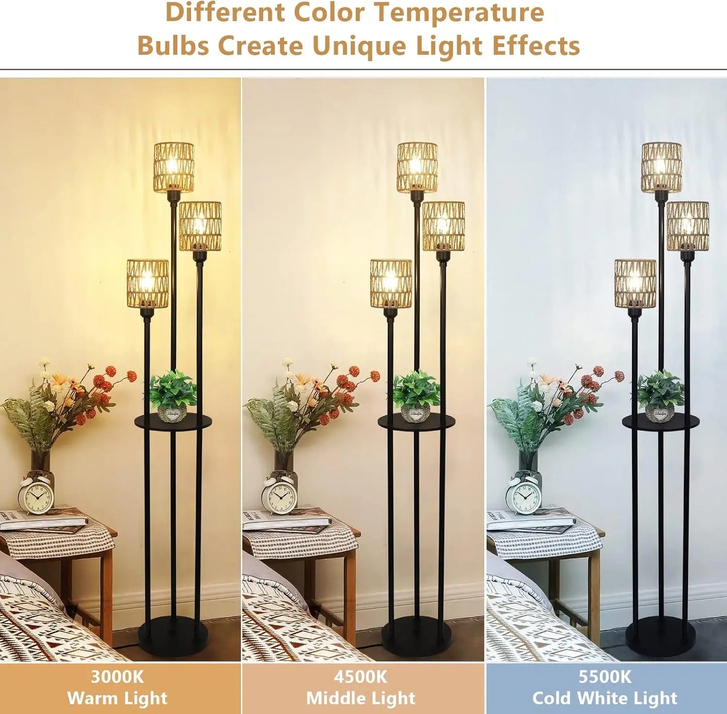 Boho Rattan 3-Light Floor Lamp with Shelves and Foot Switch for Living Room Bedroom Office