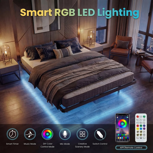 Hoomic Floating Bed Frame With LED Lights And Charging Station King Size