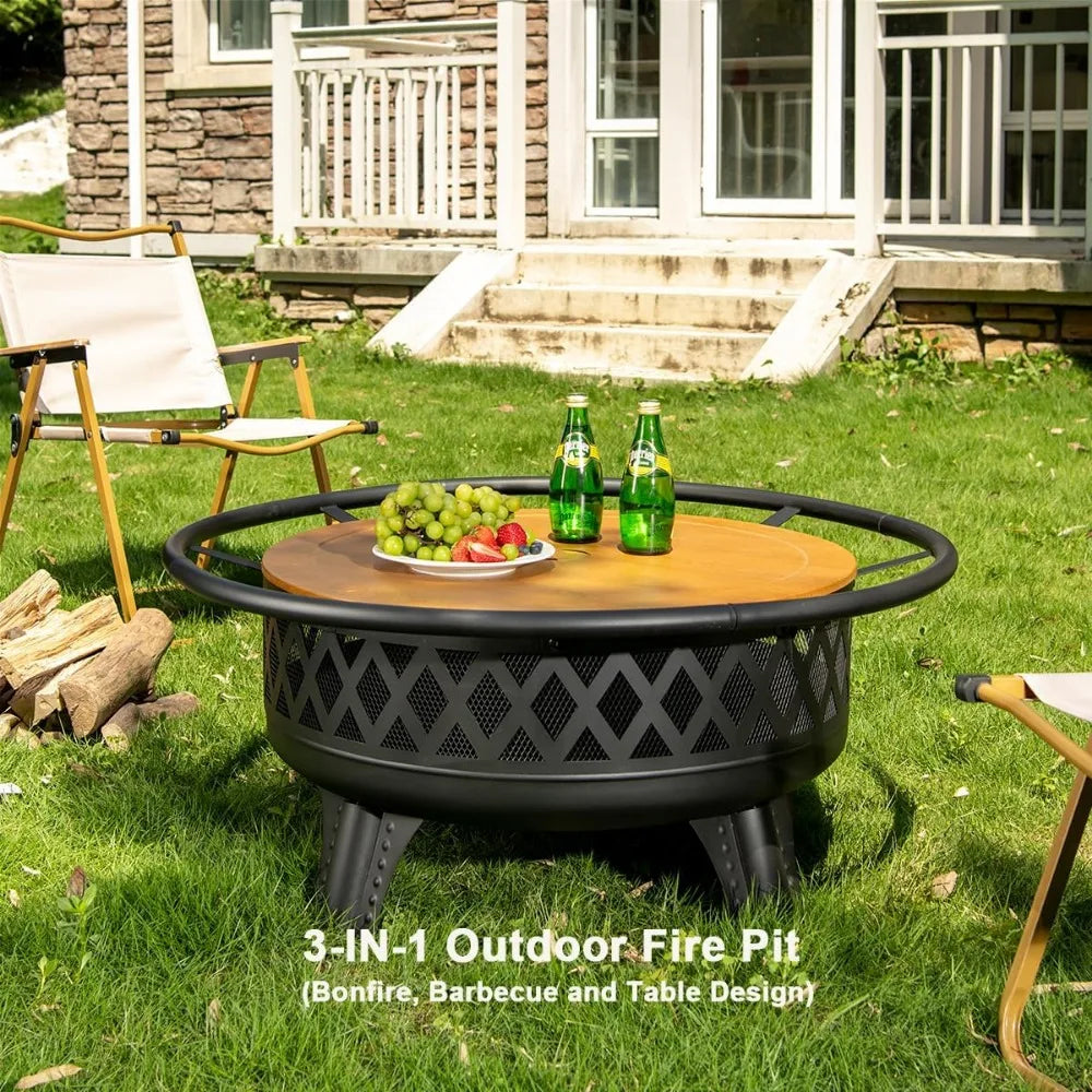 38 Inch Wood Burning Fire Pit Round Outdoor Table Grill Lid