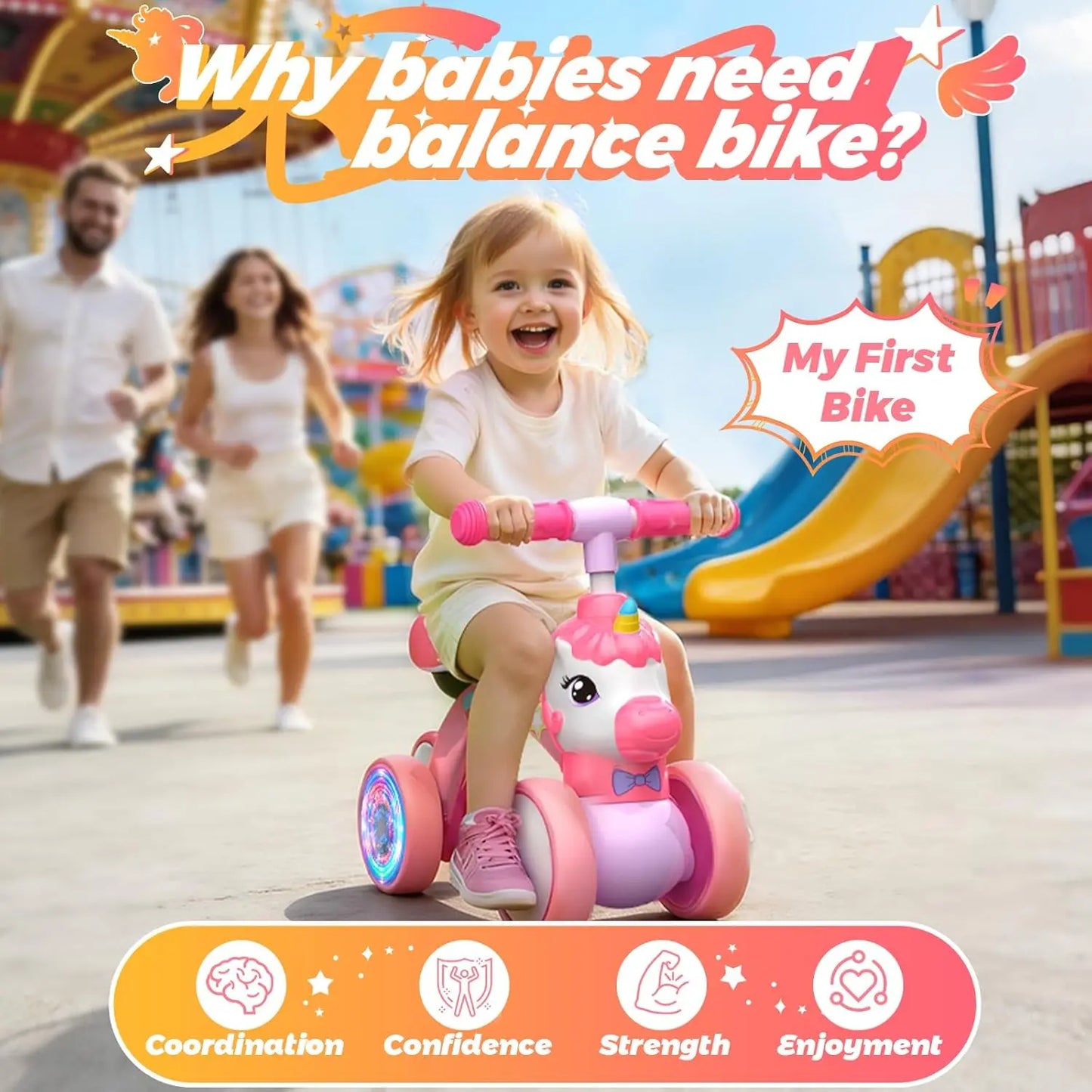 Unicorn Toddler Balance Bike No Pedal With Light Up Wheels For Girls