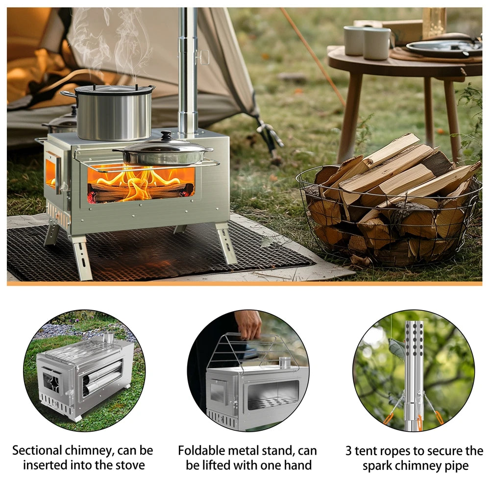 Portable Stainless Steel Wood Burning Stove 7 Chimney Pipes