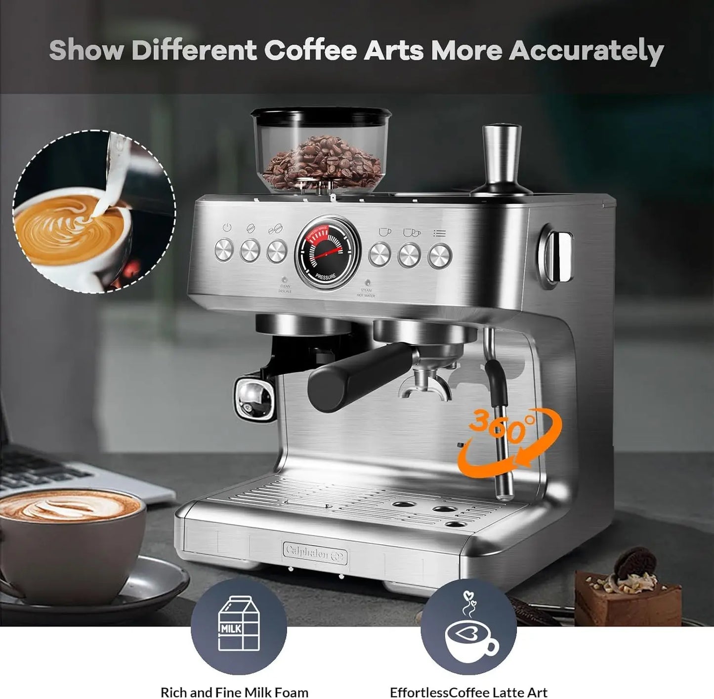 20 Bar Semi Automatic Espresso Machine With Grinder Steam Wand 30 Settings