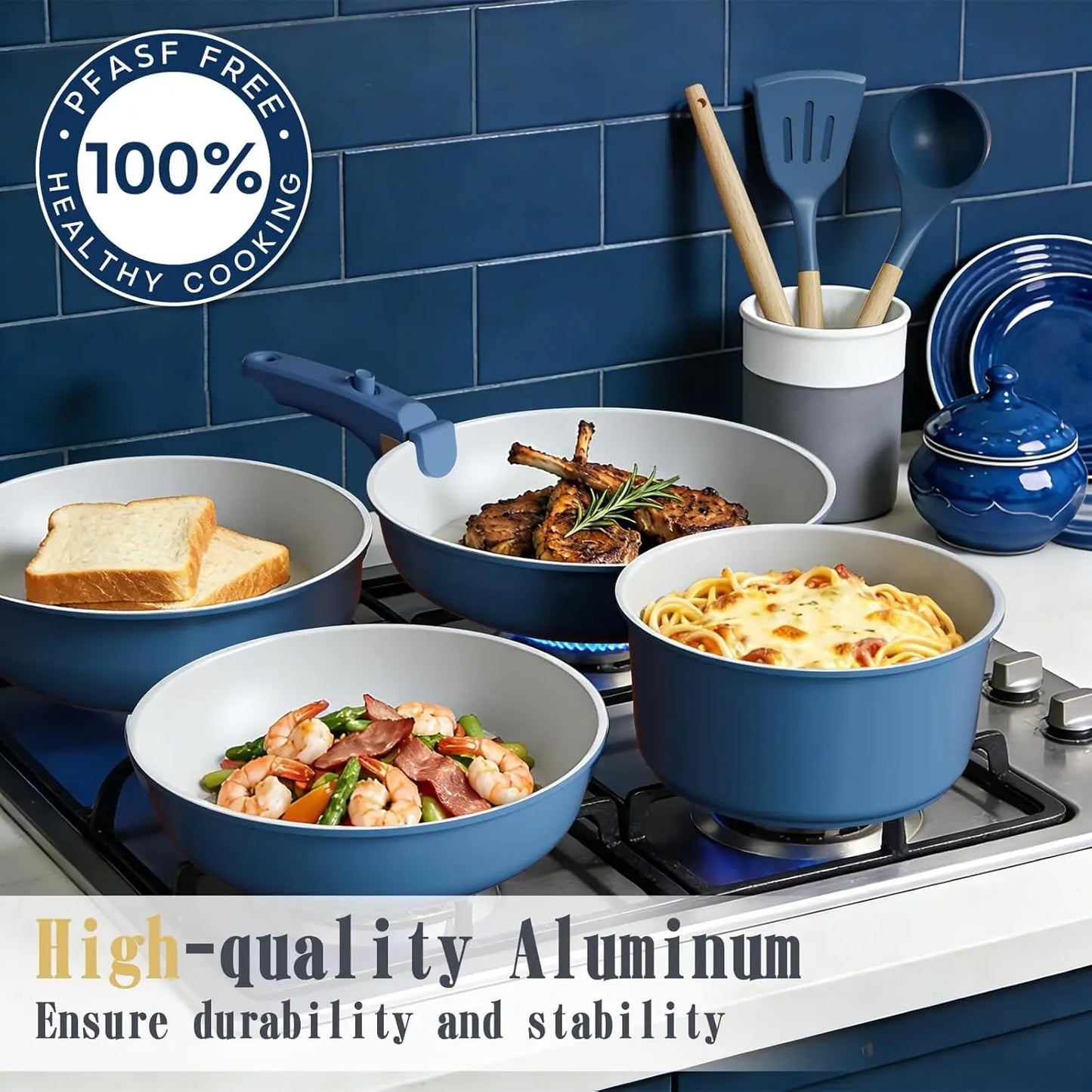 Nonstick Pots And Pans Set 21 Ceramic Cookware Detachable Handles Induction Navy
