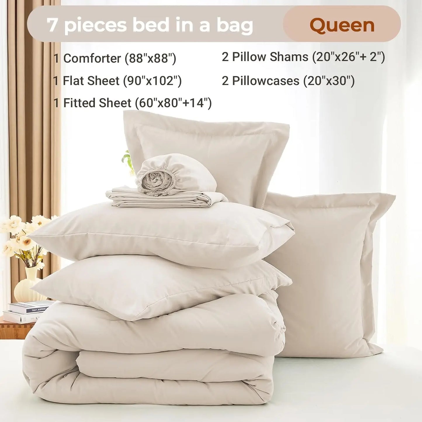 7 Piece Queen Comforter Set Bed In A Bag All Season Beige Sheets Pillowcases