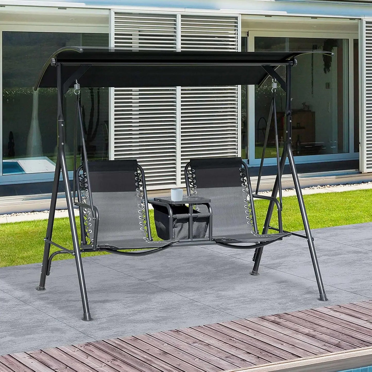 Two Seat Outdoor Patio Swing Chair With Canopy Glider Storage Table Cup Holder