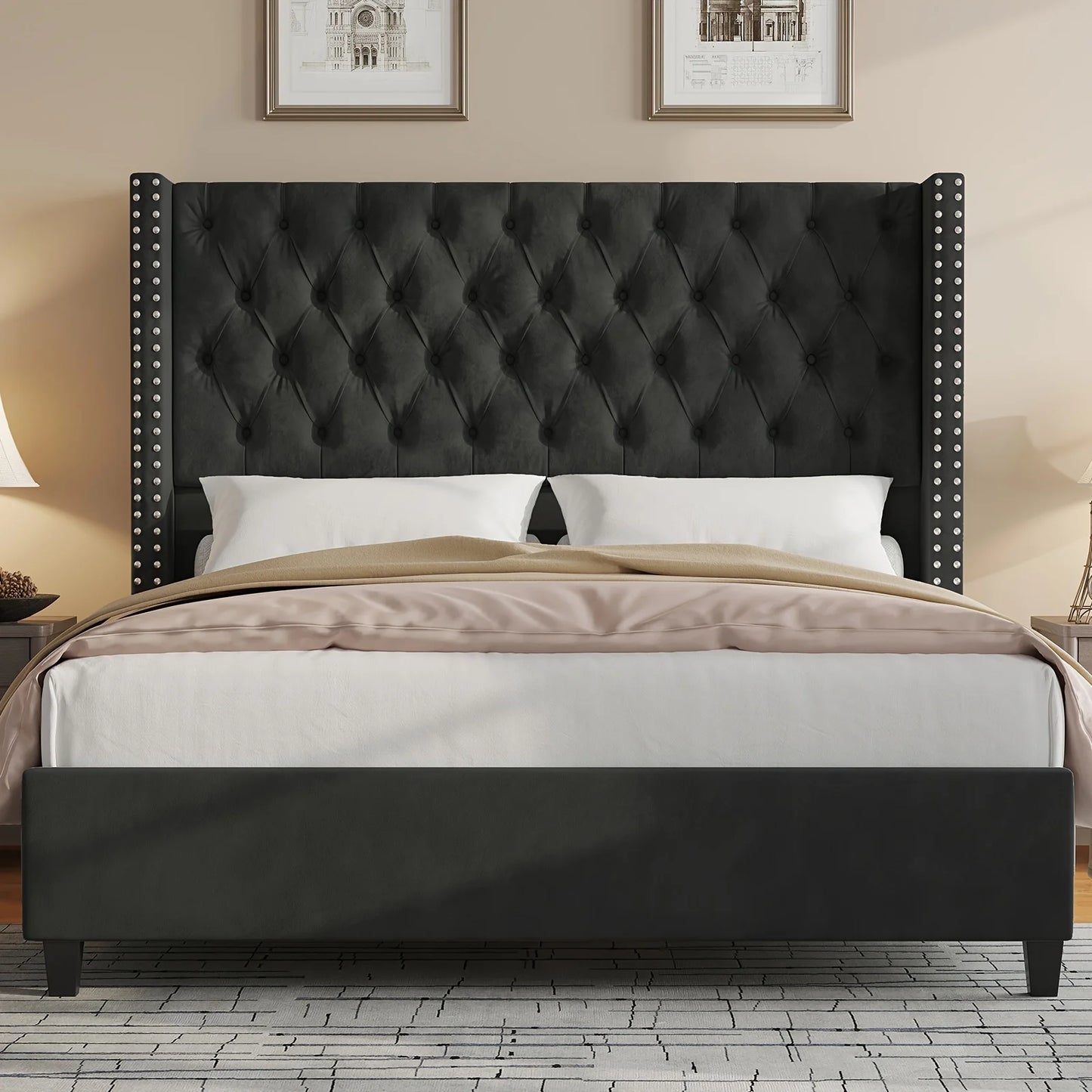 Papajet Velvet Bed Frame With 51.6 Inch Wingback Headboard Nailhead Detailing