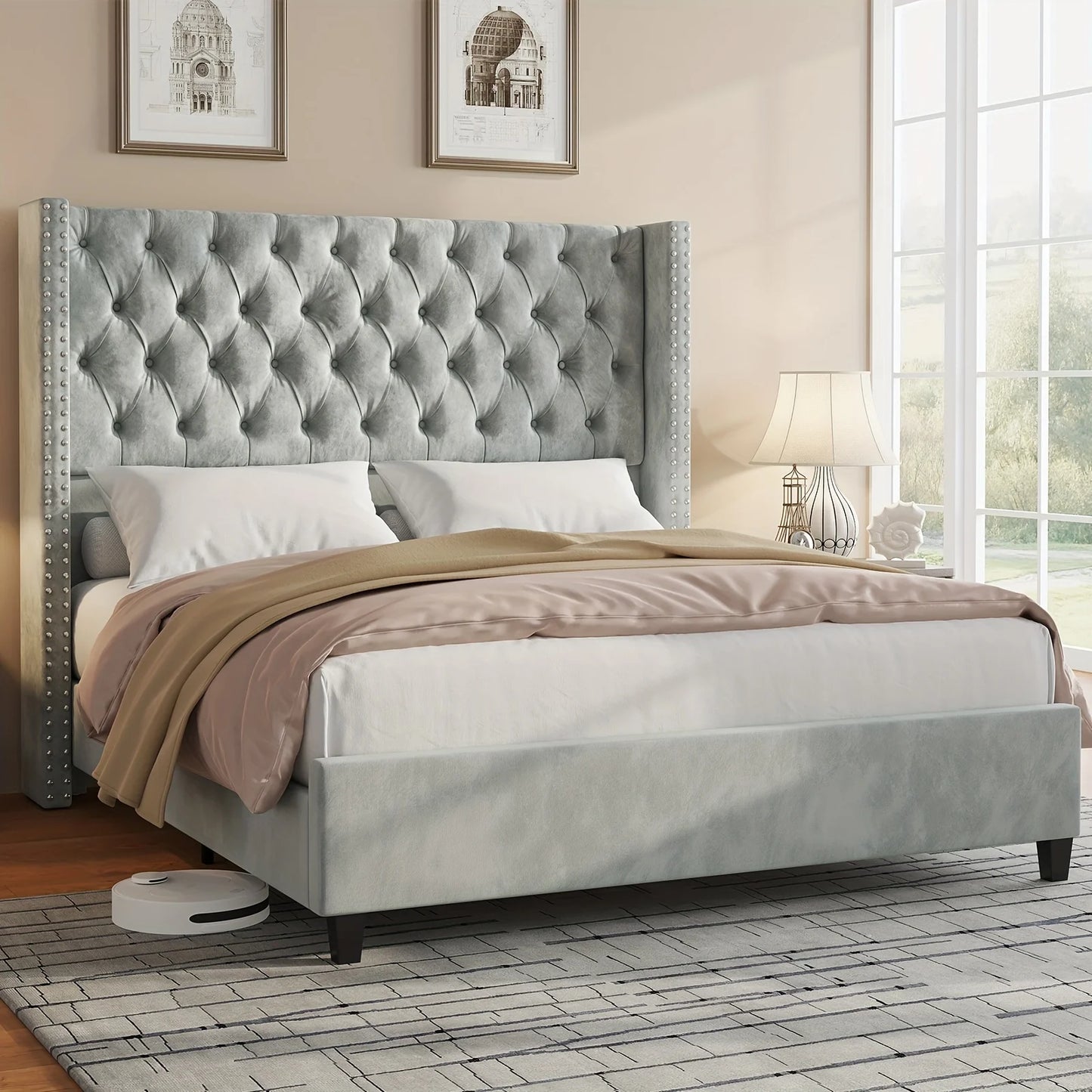 Papajet Velvet Bed Frame With 51.6 Inch Wingback Headboard Nailhead Detailing