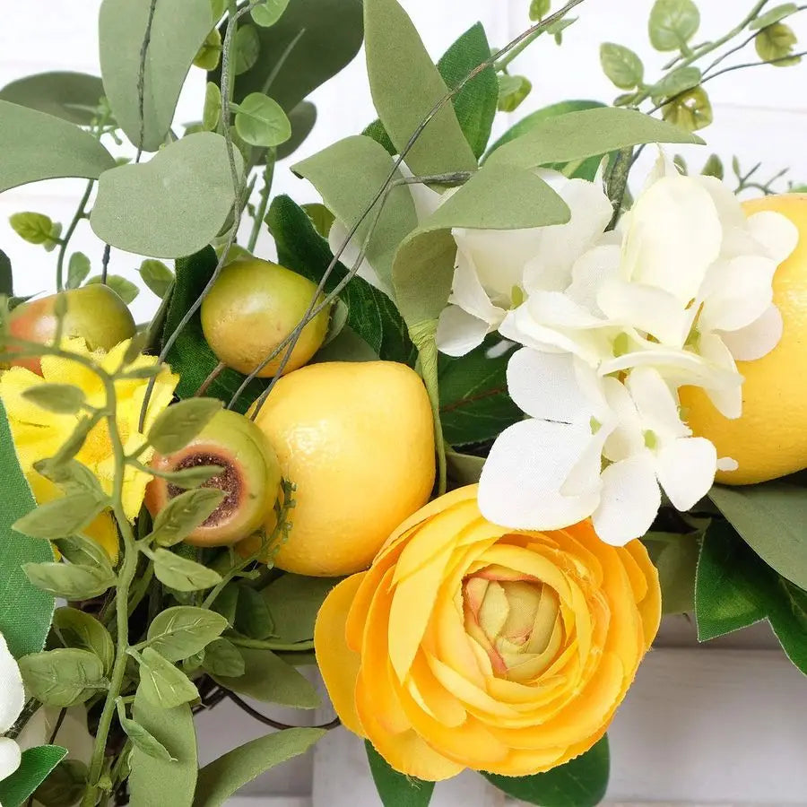 20 Inch Artificial Lemon Wreath For Front Door With Yellow Peony And Hydrangea