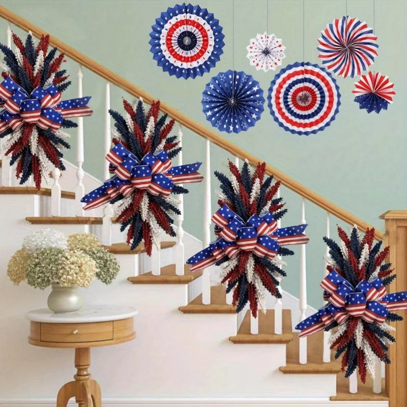Patriotic Wreath for Front Door 4th of July Wreath White Independence Day Blue Red Wreath for Memorial Independence Day