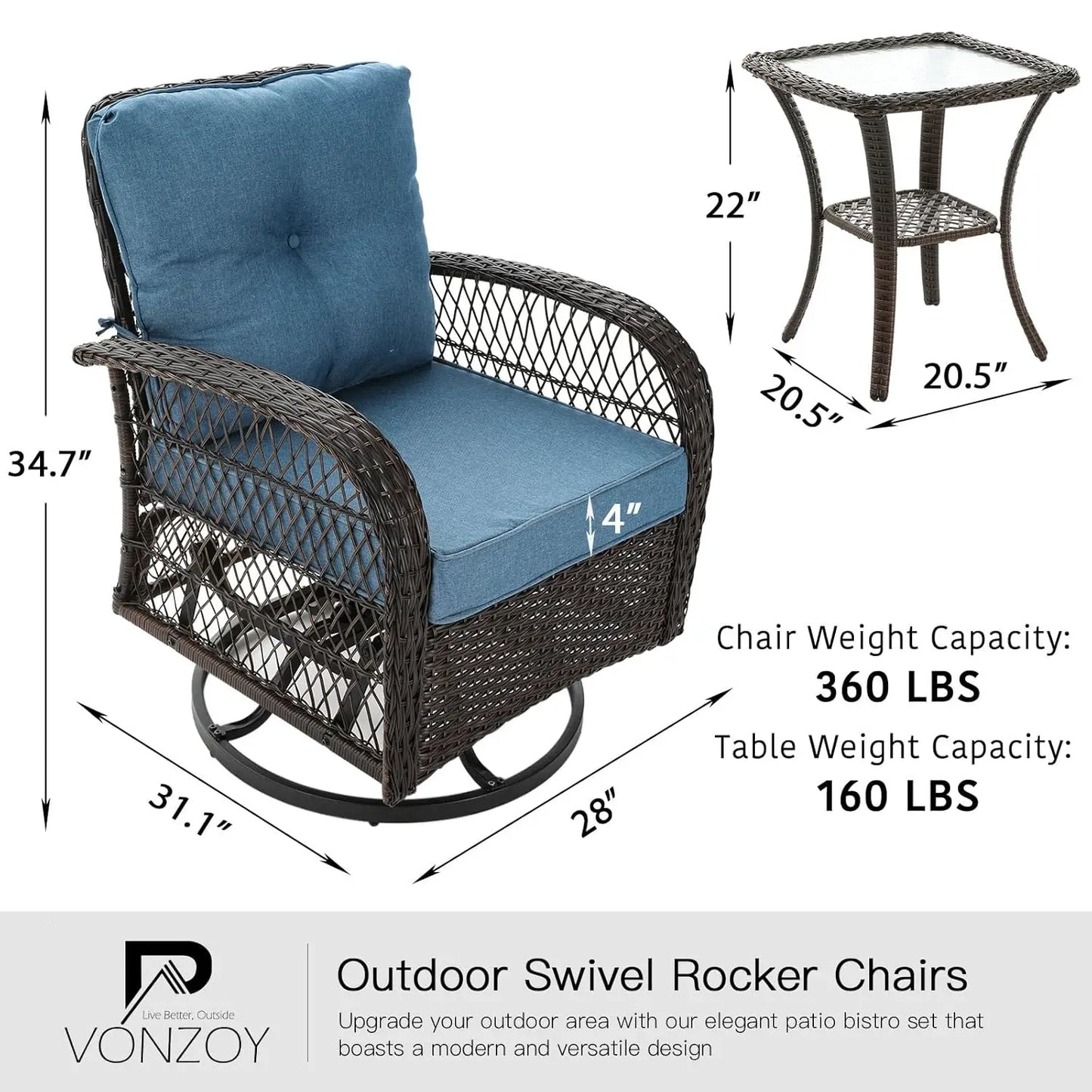 3 Piece Outdoor Patio Furniture Set Wicker Bistro Swivel Glider Rocker