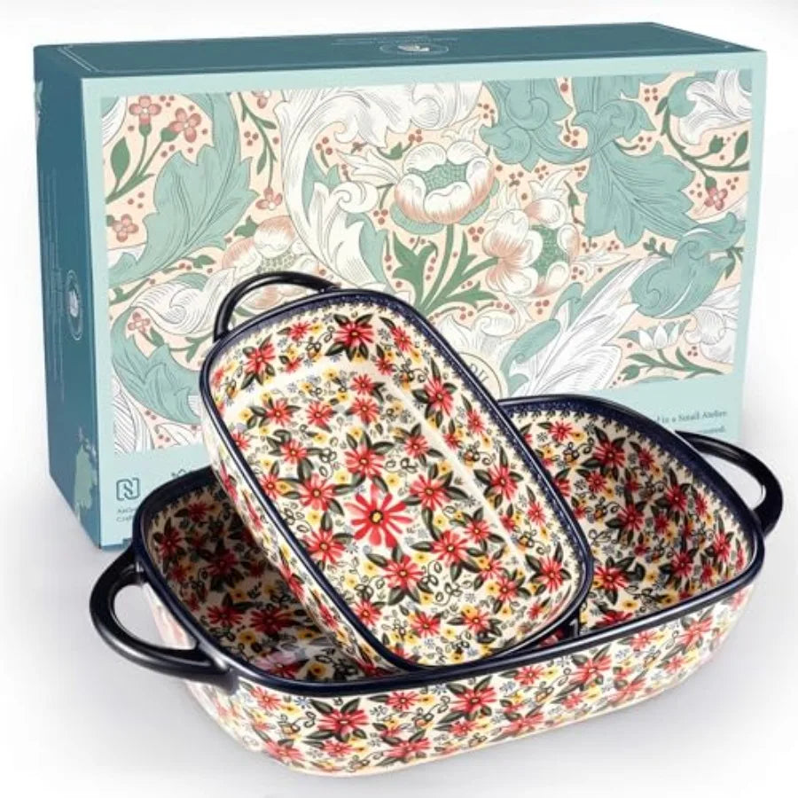 Polish Pottery Style Ceramic Baking Dish Set 2 Piece Floral Casserole Oven Safe