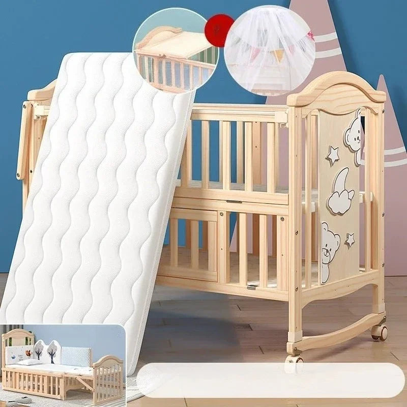 Movable Solid Wood Baby Crib With Mosquito Net And Universal Wheels Rocking Bed